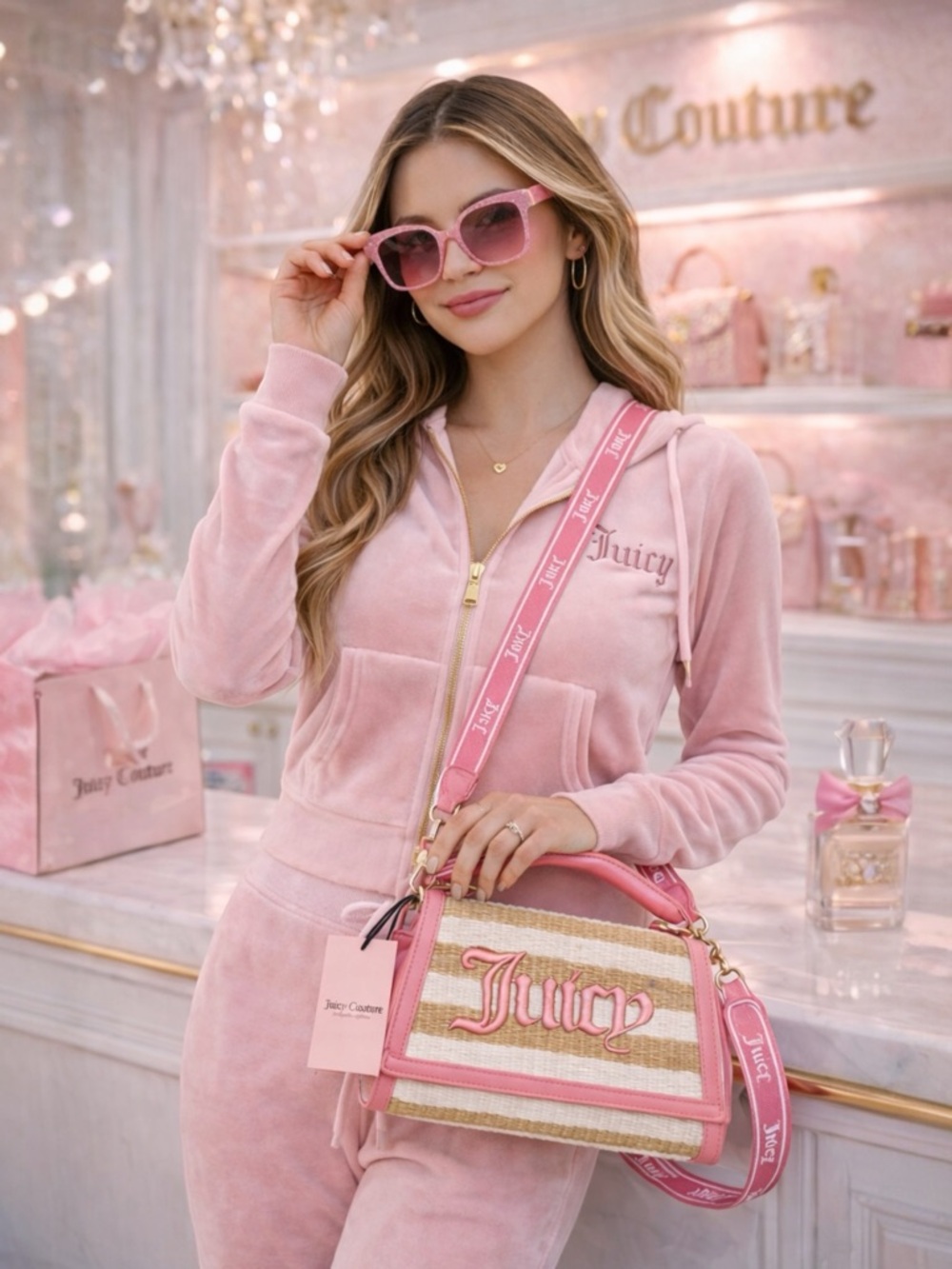 Juicy Couture Straw & Pink Crossbody Bag/Purse Adjustable Logo Strap Summer Chic - Picture 4 of 13